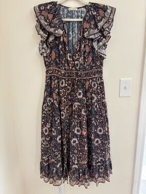 Ulla Johnson Analise Midi Dress Obsidian Flutter Tiered Size 6 batik sunflower